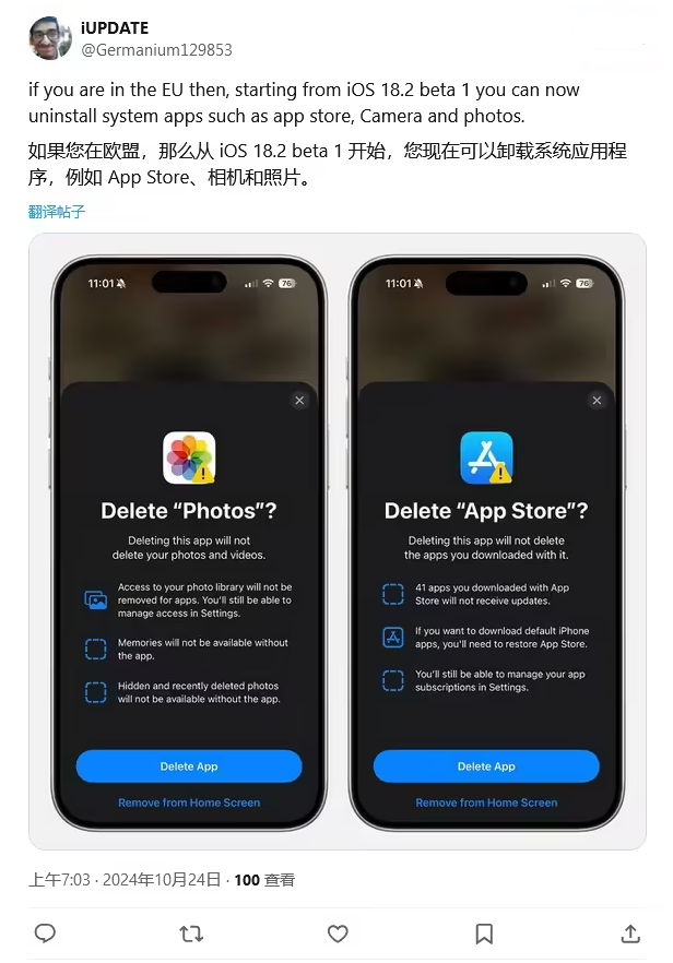 荆门苹果手机维修分享iOS 18.2 支持删除 App Store 应用商店 