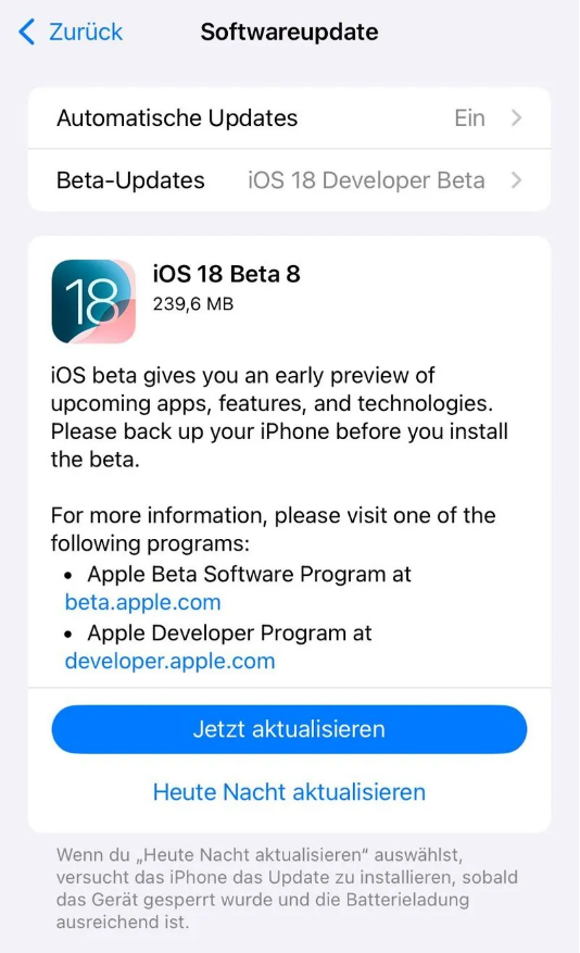 荆门苹果手机维修分享苹果 iOS / iPadOS 18 开发者预览版 Beta 8 发布 